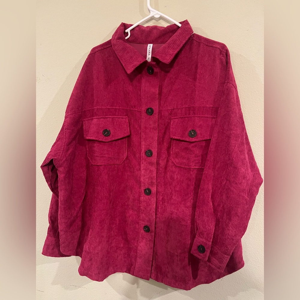 NWOT pink woman’s 1X Corduroy Button-Up shacket.